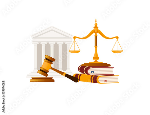Simplified courthouse with judge's gavel and scales of justice vector illustration on white background