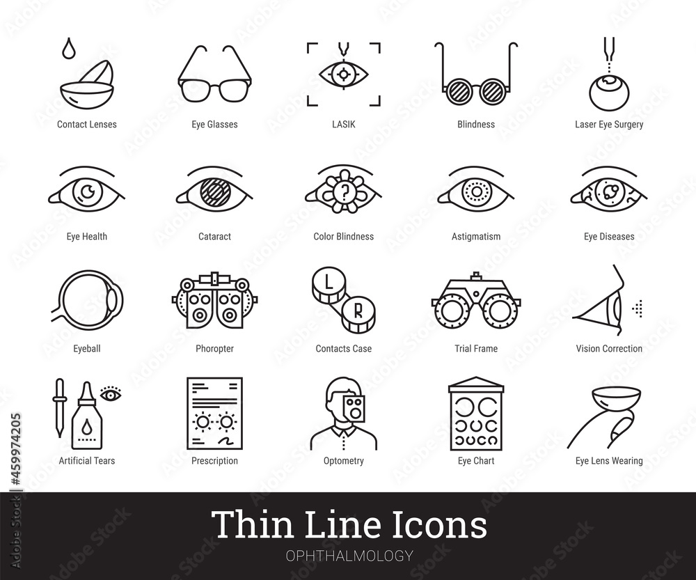 Fototapeta premium Ophthalmology, eyes health care thin line icons. Vector linear pictograms collection related to vision correction, contact lenses, glasses. Icon set isolated on white background. Editable strokes.