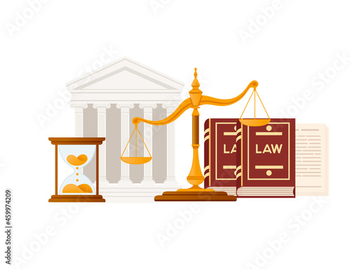Simplified courthouse with judge law and scales of justice vector illustration on white background