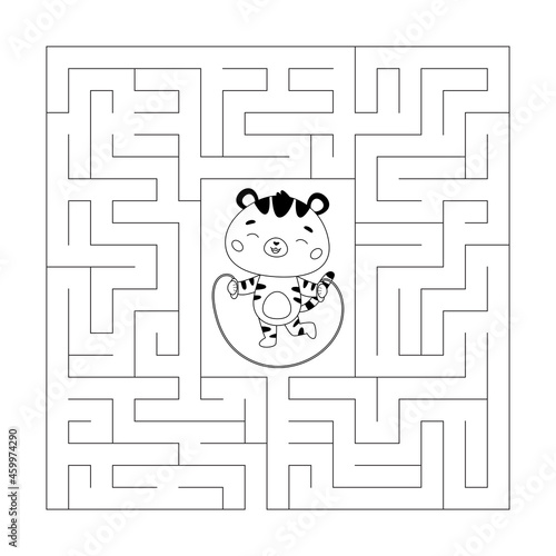Coloring page for children. Educational maze game. Funny tiger skipping. Jumping rope. Activity worksheet with labyrinth. Cartoon kawaii character. Vector illustration.