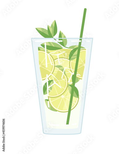 Alcoholic cocktail mojito in glass with slice of lime and mint leaves vector illustration of summer beach drink on white background