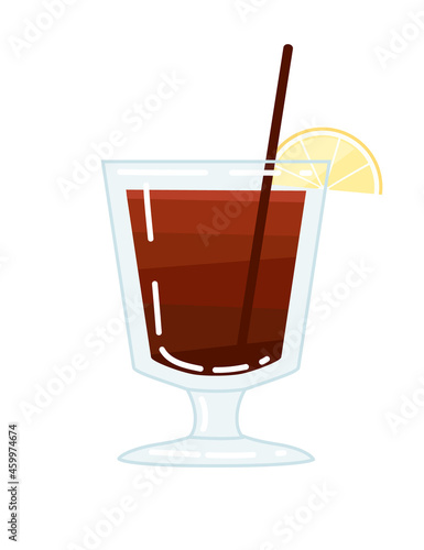 Alcoholic cocktail highball in glass with drinking straws and slice of lemon vector illustration of summer beach drink on white background