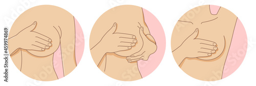 Part of female torso, woman doing self check of breasts and feeling pain. Self-examination. Breast pain illustration set. Tumour or cancer signs. National breast cancer awareness month