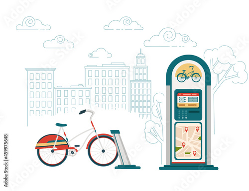 Bike rental dock station with map modern city electric bike vector illustration with city on background