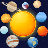 Solar system with sun and planets space objects vector illustration on dark deep sky with stars background