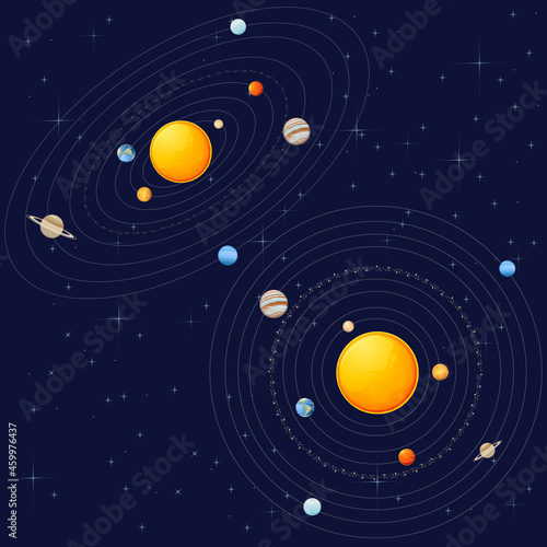 Fototapeta Naklejka Na Ścianę i Meble -  Solar system with sun and planets space objects vector illustration on dark deep sky with stars background