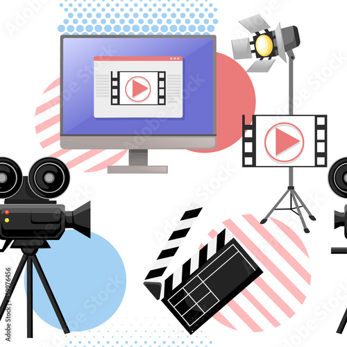 Seamless pattern video or film production cinematography concept media player on monitor with professional tools vector illustration on white background