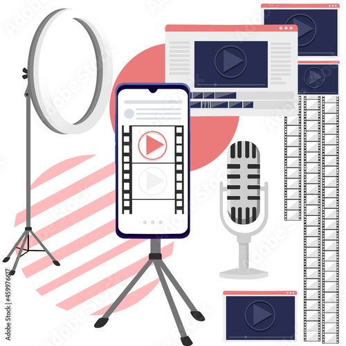 Seamless pattern or film production cinematography concept media player on smartphone with professional tools vector illustration on white background