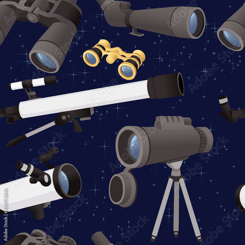 Seamless pattern of professional optical devices telescopes binoculars and spyglass vector illustration on dark sky background