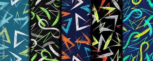 Set of multicolor abstract seamless patterns with grunge paint brush strokes. Colorful intricate smears on black background. Modern grunge texture. Perfect for sportswear, sporting goods