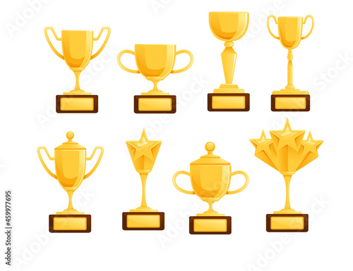 Big set of golden trophy cup with wooden base vector illustration on white background