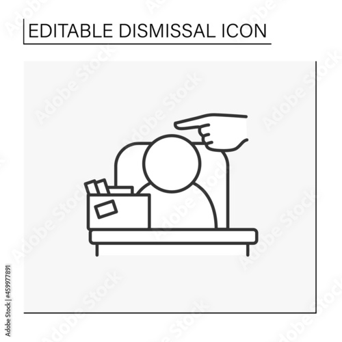 Job loss line icon. Dismiss from work due to scandal. Boss fires from work. Employee has a box with personal things. Dismissal concept. Isolated vector illustration. Editable stroke