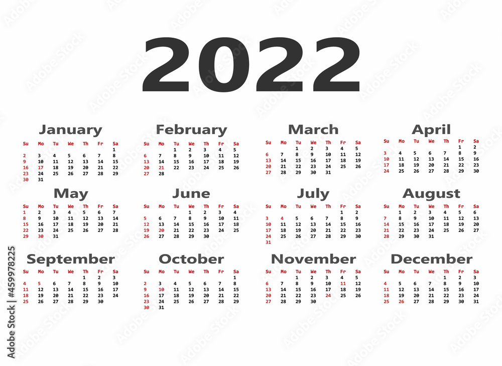 Calendar 2022. Personal organizer. White background. Vector illustration