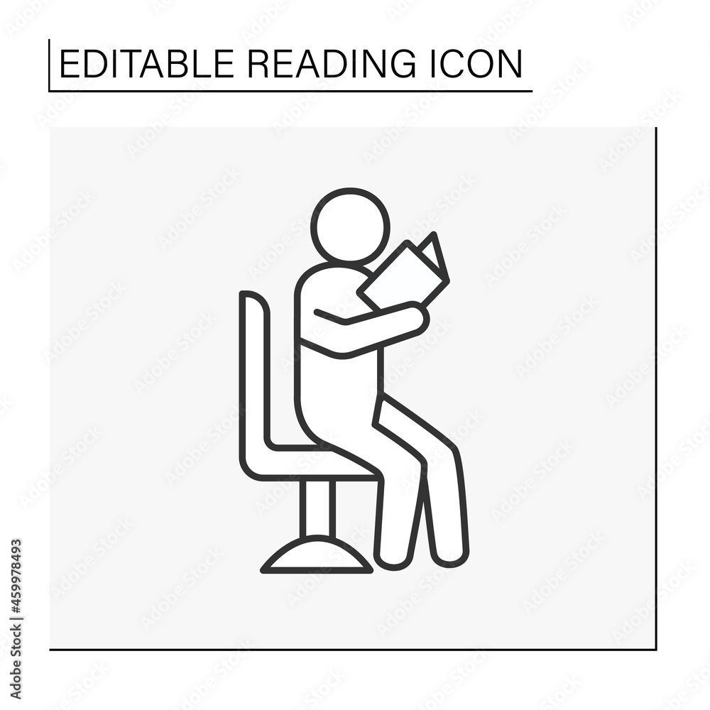 Leisure time line icon. Person sitting on a chair and reading a book. Process of acquiring knowledge. Reading concept. Isolated vector illustration. Editable stroke Leisure time line icon. Person sitting on a chair and reading a book. Process of acquiring knowledge. Reading concept. Isolated vector illustration. Editable stroke