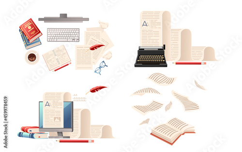 Set of office workplace for education with books paper and computer vector illustration on white background