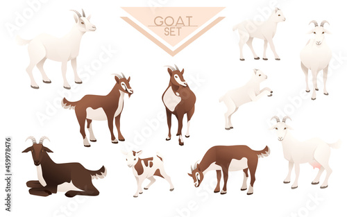 Set of cute goatling white goat farm animal cartoon animal design vector illustration isolated on white background