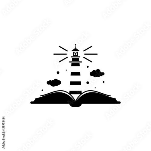 Open book with lighthouse or beacon and clouds on white background. Vector flat illustration.