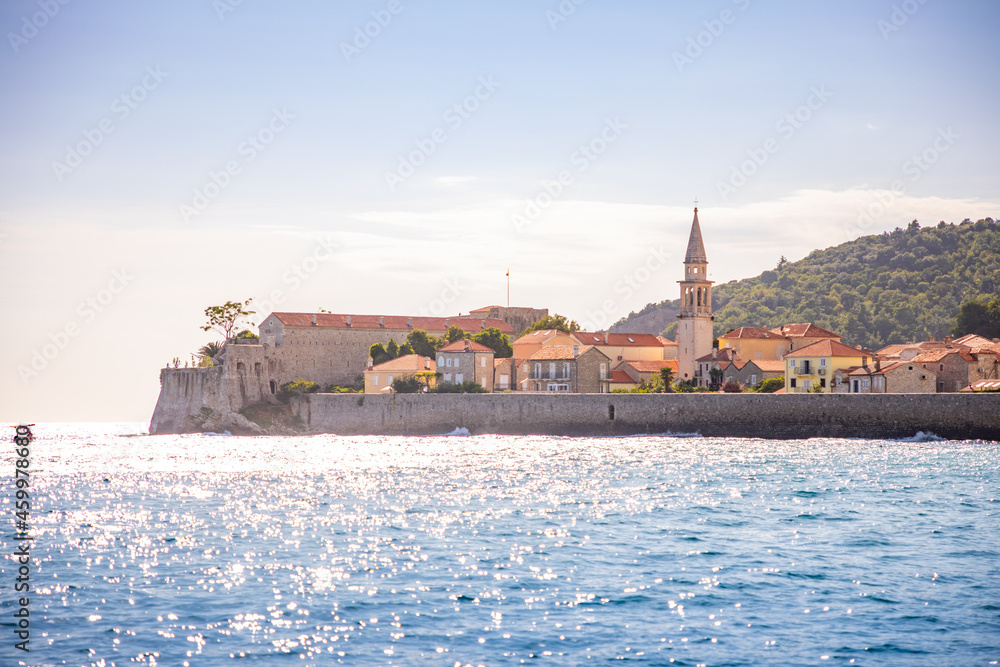 View from water of the old town of Budva city in Montenegro, view from island of St. Nicholas