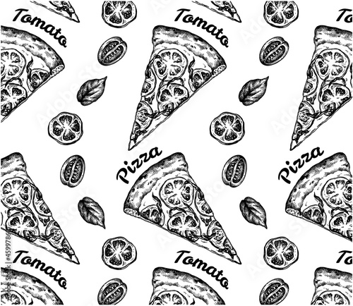 Hand drawn outline pattern of black and white pizza with tomatoes and basil. Italian food wallpaper in retro style. Sketch drawing design for pizzeria menu. Vector illustration background  line art.
