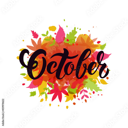 October handwritten text on autumnal leaves background for card, poster, emblem. Seasonal greetings. Autumn mood. Vector colorful illustration, hand lettering typography, watercolor background