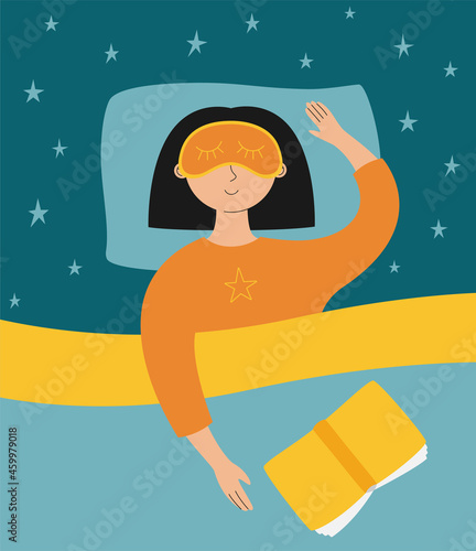 Young woman in a sleep mask sleeps at home on a bed with a book. Top view flat vector illustration.