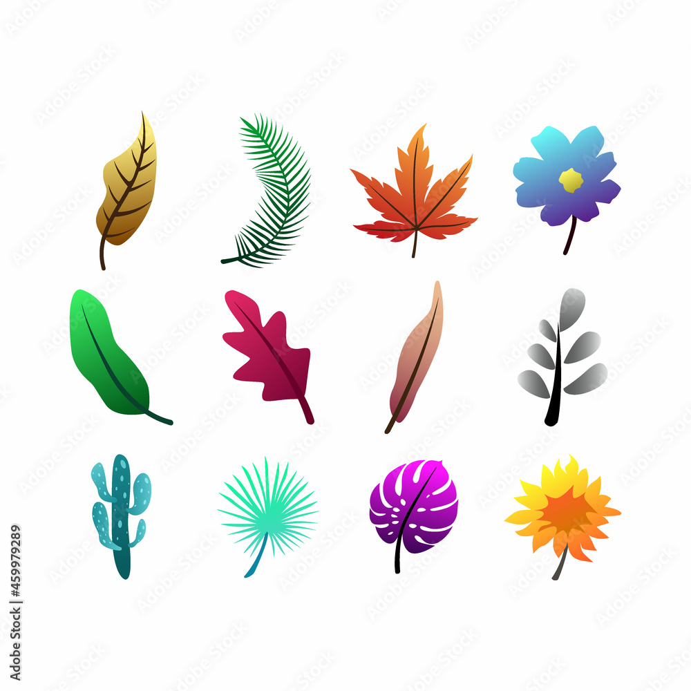 Set bundle leaf and flowers gradient color