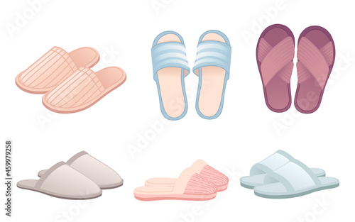 Collection of home soft slippers different colors vector illustration on white background