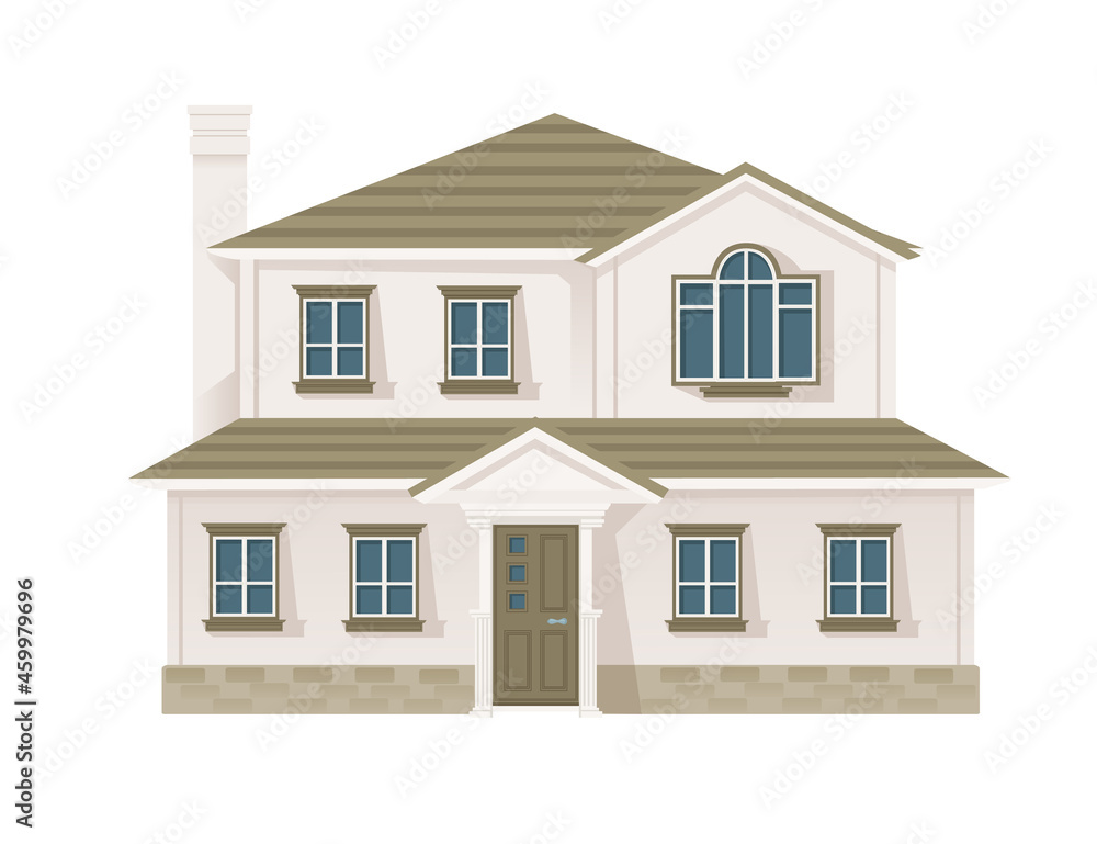 Cottage house with doors and windows olive color residential building vector illustration on white background