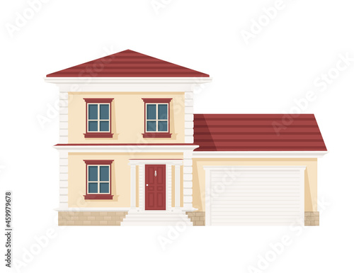 Cottage house with door windows and garage door red beige color residential building vector illustration on white background