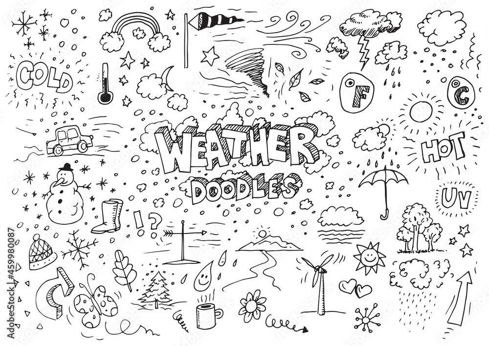 Fototapeta premium Weather hand drawn vector doodles set