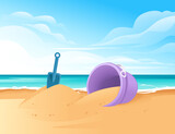 Shovel and bucket toy on beach happy childhood hobby building sandcastle vector illustration with beachside and clear sky