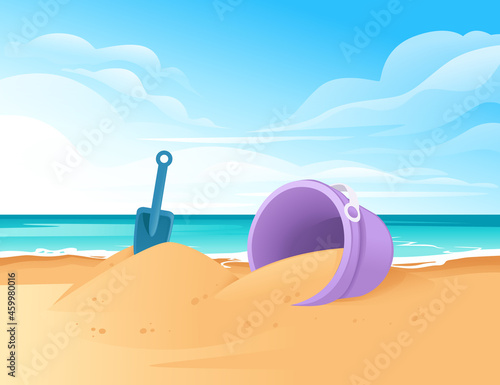 Shovel and bucket toy on beach happy childhood hobby building sandcastle vector illustration with beachside and clear sky