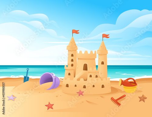 Sandcastle on the beach happy childhood hobby building with sand shovel and bucket vector illustration with beachside and clear sky