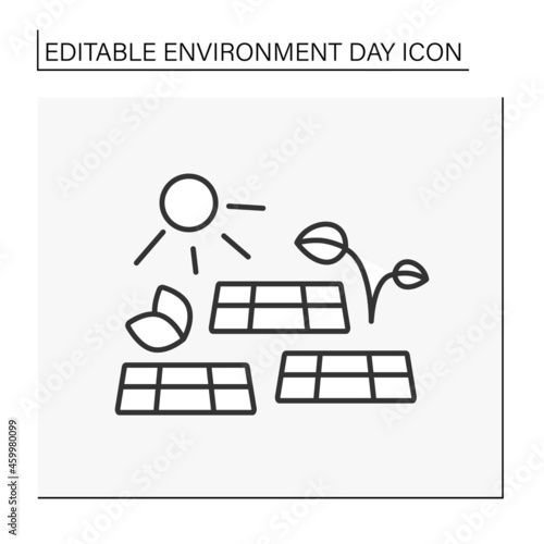 Renewable energy line icon. Conversion of power from sunlight into electricity. Solar battery. Eco awareness. Environment day concept. Isolated vector illustration. Editable stroke