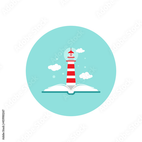 Open book with lighthouse or beacon and clouds on blue background. Vector flat illustration.