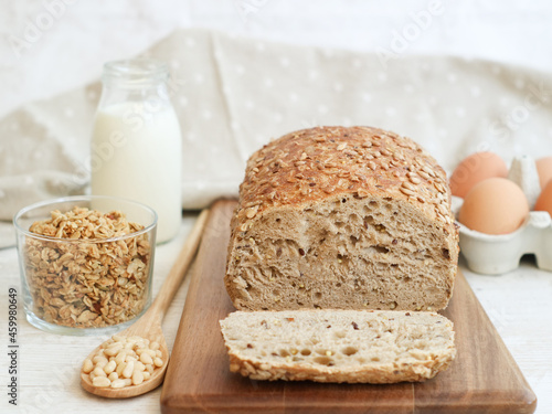 A flour-less low carb bread with multi grains, nuts and cereal for a healthy and Ketogenic diet concept 