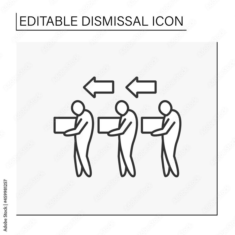 Job loss line icon. Group dismissal. Job cuts. Unhappy workers with boxes go home. Dismissal concept. Isolated vector illustration. Editable stroke Job loss line icon. Group dismissal. Job cuts. Unhappy workers with boxes go home. Dismissal concept. Isolated vector illustration. Editable stroke