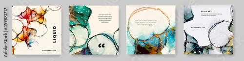 Social media templates, alcohol ink background texture, instagram and facebook banners, fluid art, liquid decoration backdrops, square format