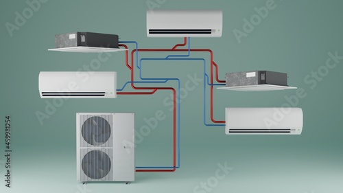 multisystem use of different types of indoor units of the air conditioner. 3d render photo