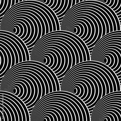 Seamless op art pattern in fish scale design with 3D illusion effect.