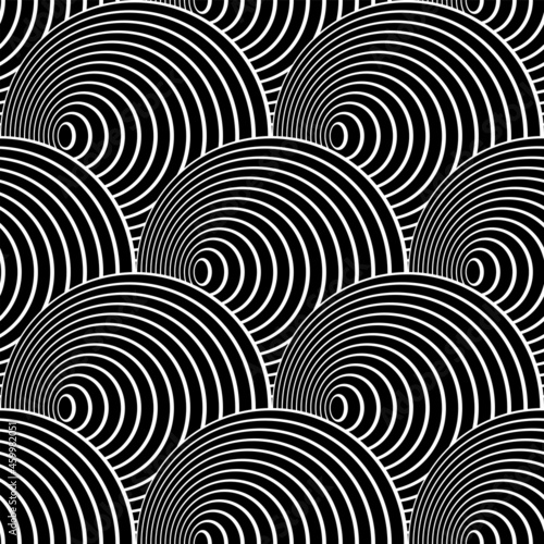 Seamless op art pattern in fish scale design with 3D illusion effect.