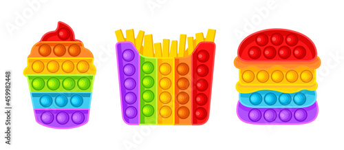 Pop It is a set of fidgets. Antistress. Burger, potatoes, ice cream. Vector illustration isolated on white background.