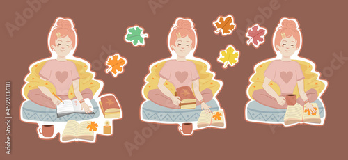 Set of autumn cozy stickers a girl wrapped in a warm blanket sits in a lotus position reads books, drinks coffee, writes in a diary.