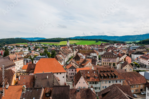 Porrentruy, Pruntrut, Stadt, historische Altstadt, Altstadthäuser, Kirchturm, Kirche Saint-Pierre, Zentrum, Sommer, Herbst, Schweiz photo