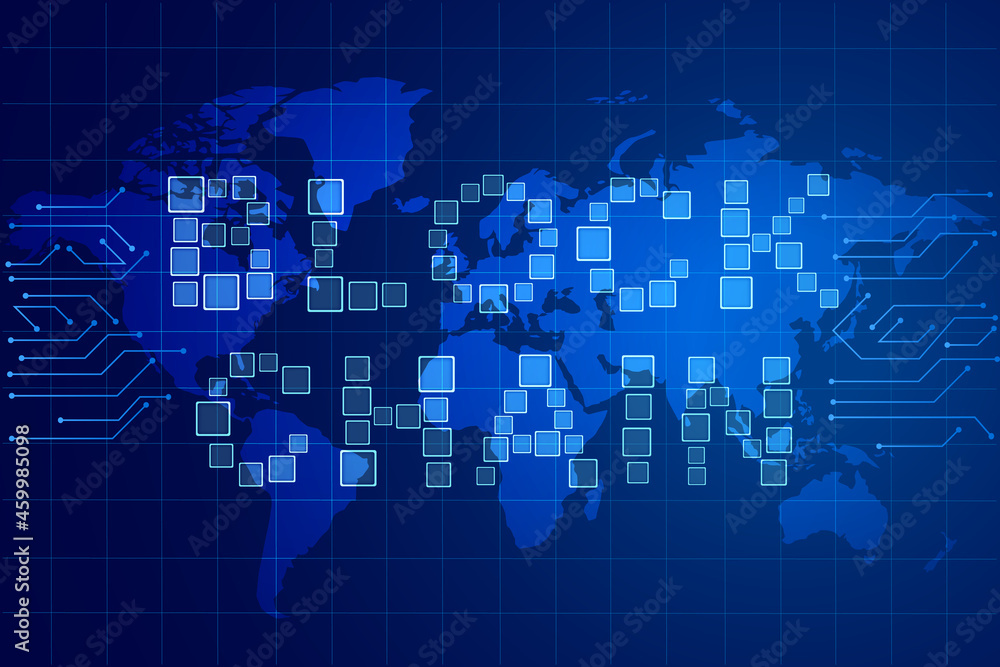 Abstract Blockchain text and network concept finance with connected Earth, Vector illustration. Modern Concept of Digital Technology