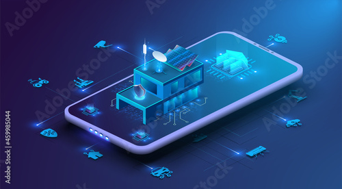 Smart home controlled smartphone. Internet of things technology of home automation system, device management via the home network. System intelligent control house on blue background.  IOT through 5g