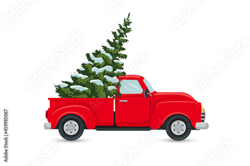 Red truck carrying a Сhristmas tree, isolated clip art on white background, vector illustration in flat cartoon style, postcard, banner