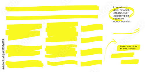 yellow colored highlighter. Brush pen underline. Yellow watercolor hand drawn highlight