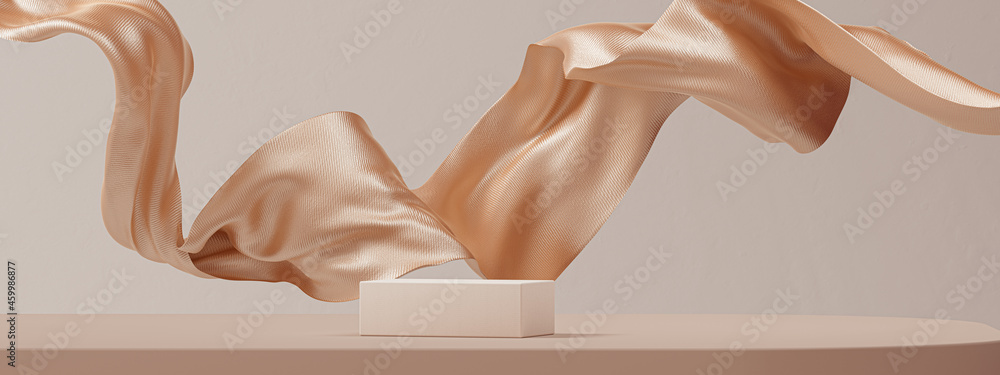 Luxury background for branding and product presentation. Beige color podium on gold fabric flying wave. 3d rendering illustration. - obrazy, fototapety, plakaty 