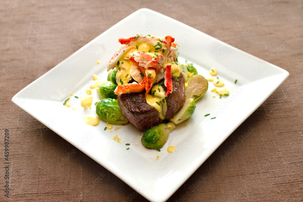 Sous Vide Filet Mignon Oscar with Hollandaise Sauce and Brussel Sprouts Sous Vide Filet Mignon Oscar with Hollandaise Sauce and Brussel Sprouts